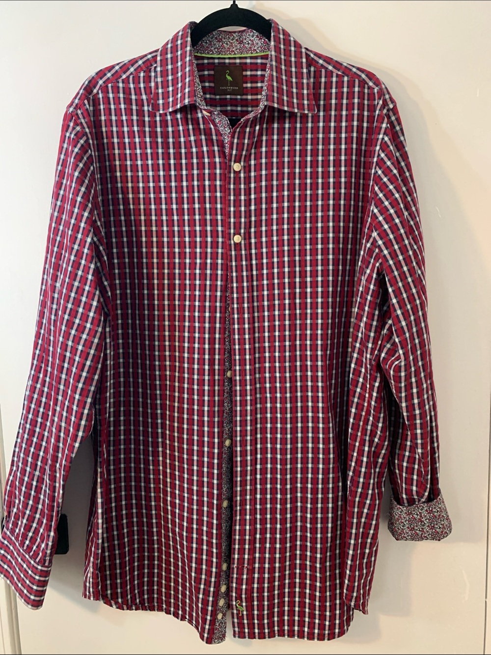 Tailorbyrd Red Plaid Long-Sleeve Button-Down Shirt Flip Cuff XL Tall Floral Trim